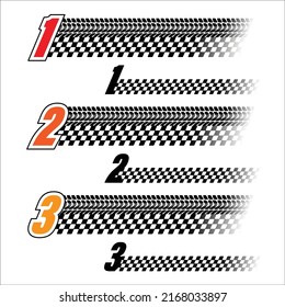 Different black and white sport flags silhouettes for start and finish lines. Tire track lines and counting numbers