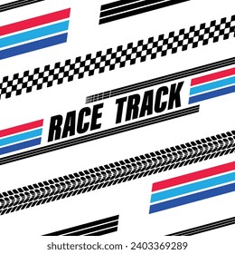 Different black and white sport flags silhouettes for start and finish lines. Text and logo design with tire tracks and flags