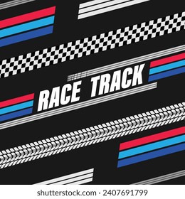 Different black and white sport flags silhouettes for start and finish lines. Text and logo design with tire tracks and flags