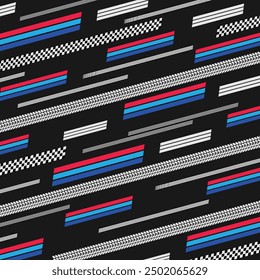 Different black and white sport flags silhouettes for start and finish lines. Text and logo design with tire tracks and flags
