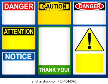 Different blank attention/danger/caution and other signs, notices