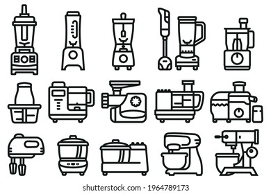 Different blender machine for fruit, drinks and food line icon.