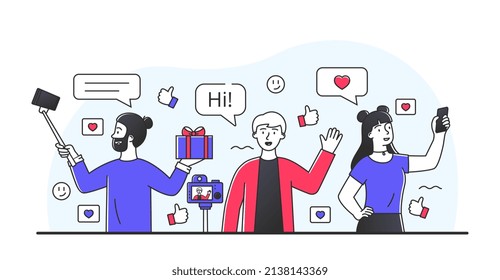 Different bloggers making video. Popular personalities. Social networks and digital world. Likes and feedback, opinion leaders. Characters with cameras doing reviews. Cartoon flat vector illustration