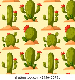 Different blooming cactus. Pattern with cartoon cactus. Cactus in flat style. Desert plant. Pattern for textile, wrapping paper, background.