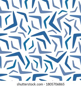 Different blue boomerangs isolated on white background. Abstract seamless pattern. Vector flat monochrome graphic hand drawn illustration. Texture.