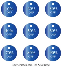 Different blue circle discount prices 10%, 20%, 25%, 30%, 40%, 50%, 60%, 70%, 80%, 90% Promotion sticker badge set for shopping, marketing and advertisement clearance sale, Save money. 