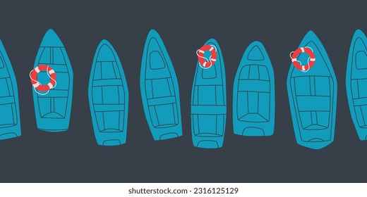 Different blue river boats. Vector seamless border for design.