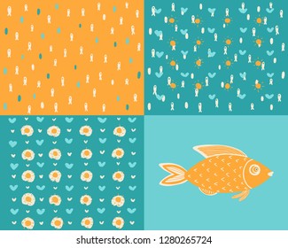 Different blue and yellow backgrounds with orange sea fish and hearts. The sun on the cloud like an omelet