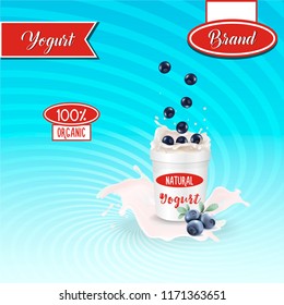 Different blueberry, 3d realistic vectors illustration of flavor yogurt ad, product logo, promotion: milk, white yogurt splash, berry slices, tasty food ad design, retro background