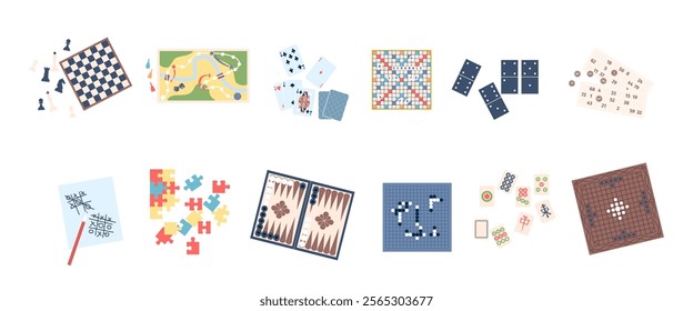 Different boarding games set. Chess scrabble domino and puzzle. Leisure time with family and friends, intellectual game for teens, recent vector set