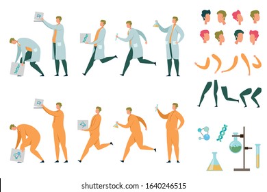 Different Body Parts of Laboratory Assistant or Chemist Person. Diy Kit for Character Constructor. Man Bends, Runs, Stands, Holds Flask. Dna Formula, Test Tube, Color Chemical Liquid Tools Set. Vector