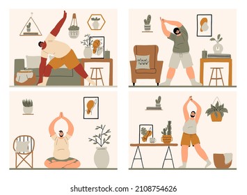 Unterschiedliche körperpositive Übergewichtige Männer, die Yoga im Boho-Stil. Männliche erwachsene Charaktere, die Sportübungen durchführen. Handgezeichnete Vektorgrafik.