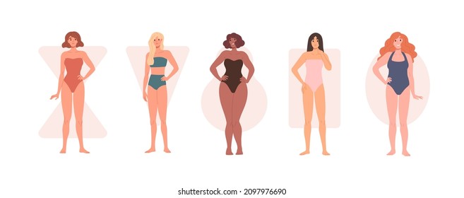 Different body shape types. Diverse women in underwear and bikini portraits with rectangle, inverted triangle, hourglass, pear and apple figures. Flat vector illustrations isolated on white background