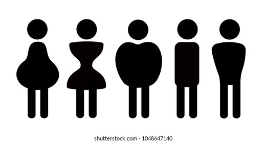 Different body shapes, physique frames and types of figures - pear, hourglass, apple, rectangular, triangle. Vector illustration of simple pictograms.