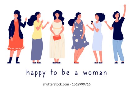 Different body types. Different women vector illustration. Body positive concept, happy women flat characters. Oversize, plump, slim girls