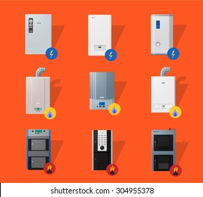 Different boilers icons set in detailed flat style. Electrical, gas and solid fuel boilers. Efficient house concept. Labels simply removable.