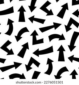 Different bold black arrows isolated on white background. Cute monochrome seamless pattern. Vector simple flat graphic illustration. Texture.