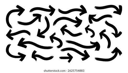 Diferentes flechas curvas dibujadas con pincel en negrita. Colección doodle marcador flechas gruesas en diferentes direcciones. Pinceladas curvas de grunge para collages. Pinceladas curvas y onduladas con arañazos.