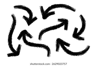 Diferentes flechas curvas dibujadas con pincel en negrita. Colección doodle marcador flechas gruesas en diferentes direcciones. Pinceladas curvas de grunge para collages. Pinceladas curvas y onduladas con arañazos.