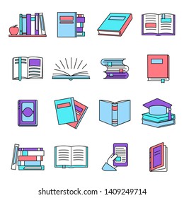 Different book icons set in linear style. Education and knowledge, school and college. Stack of books. Vector illustration