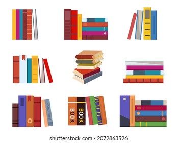 Different book stacks in flat design. Stacked books pile collection for library or school.