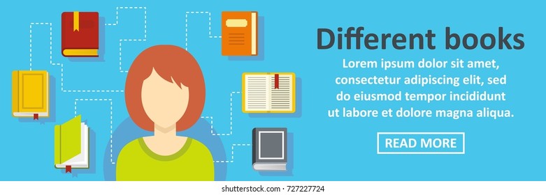 Different books banner horizontal concept. Flat illustration of different books banner horizontal vector concept for web design