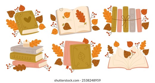 Diferentes libros cerrados, abiertos, en conjunto de pila o fila con coloridas hojas de otoño y decoración de bayas de serrano. Lindo libro de texto de otoño acogedor, literatura favorita para leer Ilustración vectorial plana