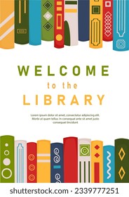 Diferentes libros con descripción Bienvenido a la biblioteca. Afiche vertical para biblioteca con libros diferentes. Plantilla de publicidad para biblioteca.