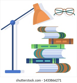 Different books, glasses and reading-lamp.