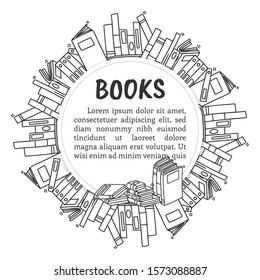 Different books and magazines vector banner in doodle and sketch style. Hand drawn poster for printing, postcard, card and brochure.