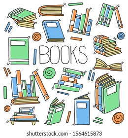 Different books and magazines vector concept in doodle and sketch style, library bookshelfs, bookstore. Hand drawn illustration. Icon and logo idea isolated on white background.