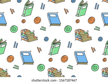 Different books and magazines vector concept in doodle and sketch style. Hand drawn illustration for printing on T-shirts, postcards. Seamless pattern for textile, paper wrap. Texture background.
