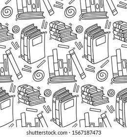 Different books and magazines vector concept in doodle and sketch style. Hand drawn illustration for printing on T-shirts, postcards. Seamless pattern for textile, paper wrap. Texture background.
