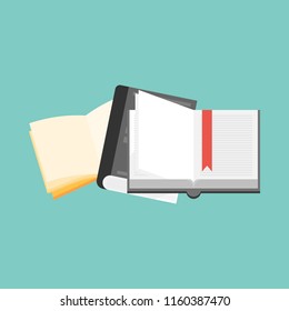 Different books on blue background. Concept of online education, preparation for exams, study, back to school.