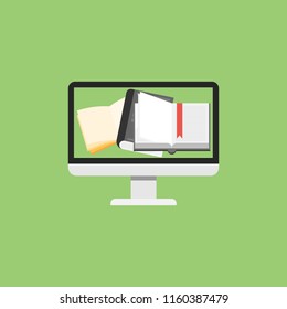 Different books on blue background. Concept of online education, preparation for exams, study, back to school.