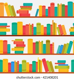 Different books on bookcases seamless pattern isolated on white. Color background for decorations, background, web pages, print, textile or interior design. 