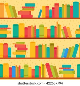 Different books on bookcases seamless pattern. Vector illustration of color cartoon books. Color background for decorations, background, web pages, print, textile or interior design.