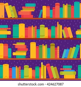 Different books on bookcases seamless pattern. Color background for decorations, background, web pages, print, textile or interior design. 