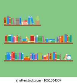 Different books on the bookshelves. Isolated on a green background. Flat style. Vector illustration.