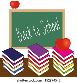 different books on table on abstract classroom background