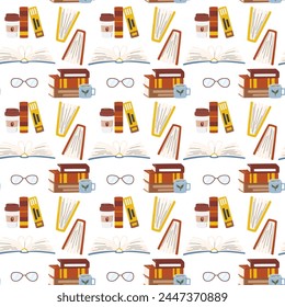 Different books seamless pattern isolated on white. Stack of textbooks with tea mug. Office folders with coffee cup and eyeglasses. Packing paper. World Book Day hand drawn flat vector illustration