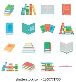 Different books set, vector illustration. Education and learning. Notebook, opened and closed tomes