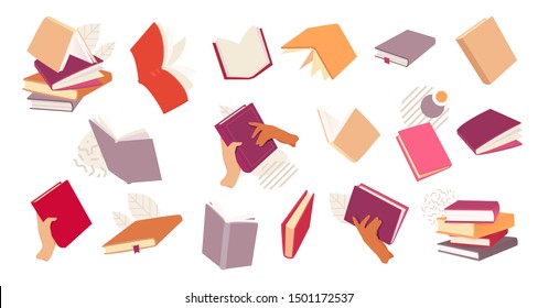 Different books vector set. Modern flat and simple design with different books and book piles from various angles. 