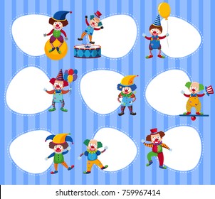 Different border templates with funny clowns illustration