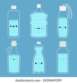 Different bottle icon set. Cork, plug, decanter, carafe. Steal Aqua drop. Drink water. Glass of water. Cute cartoon kawaii funny character. Face emotion. Eyes mouth. Flat design Blue background Vector