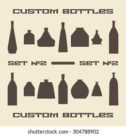 Different bottle types silhouette icon set. Vector illustration.