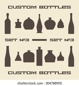 Different bottle types silhouette icon set. Vector illustration.