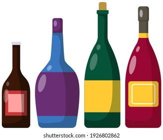 Different bottles of alcohol. Alcoholic drinks in glass containers with stoppers. Drinks of different strength and alcohol content. Wine, champagne, rum, whiskey in bottles vector illustration