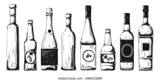 Different Bottles With Alcohol. Vector Illustration In Sketch Style.