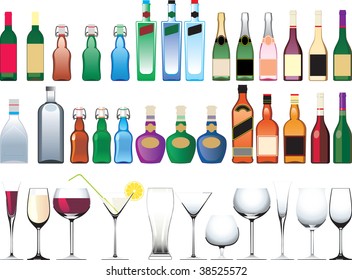Different bottles, cups and glasses